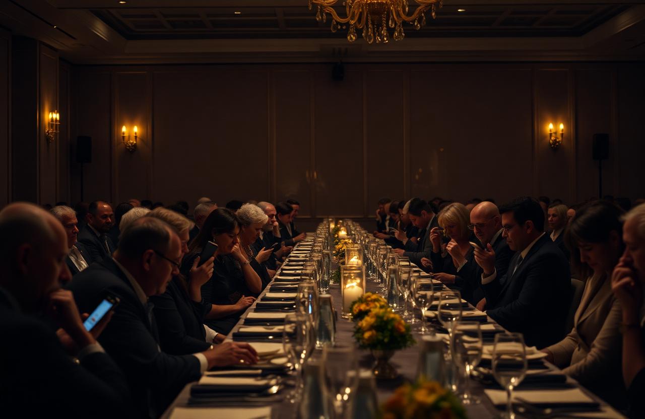 Pubblico aziendale distratto a una cena di gala